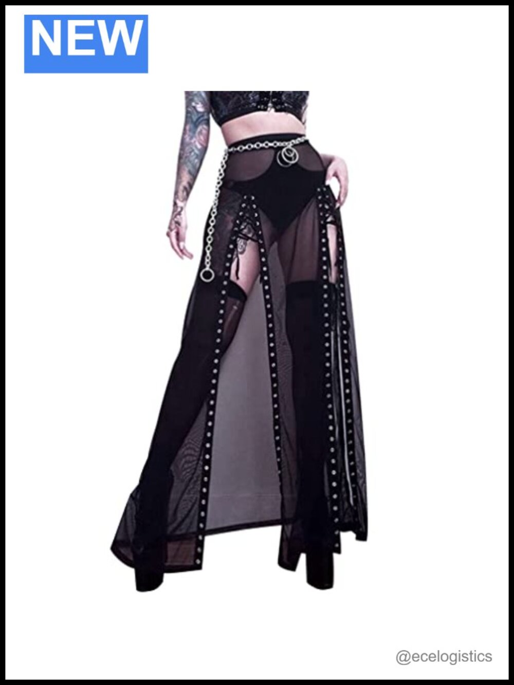 Goth Double Slit Maxi Skirt Sheer Mesh Long Punk Skirt